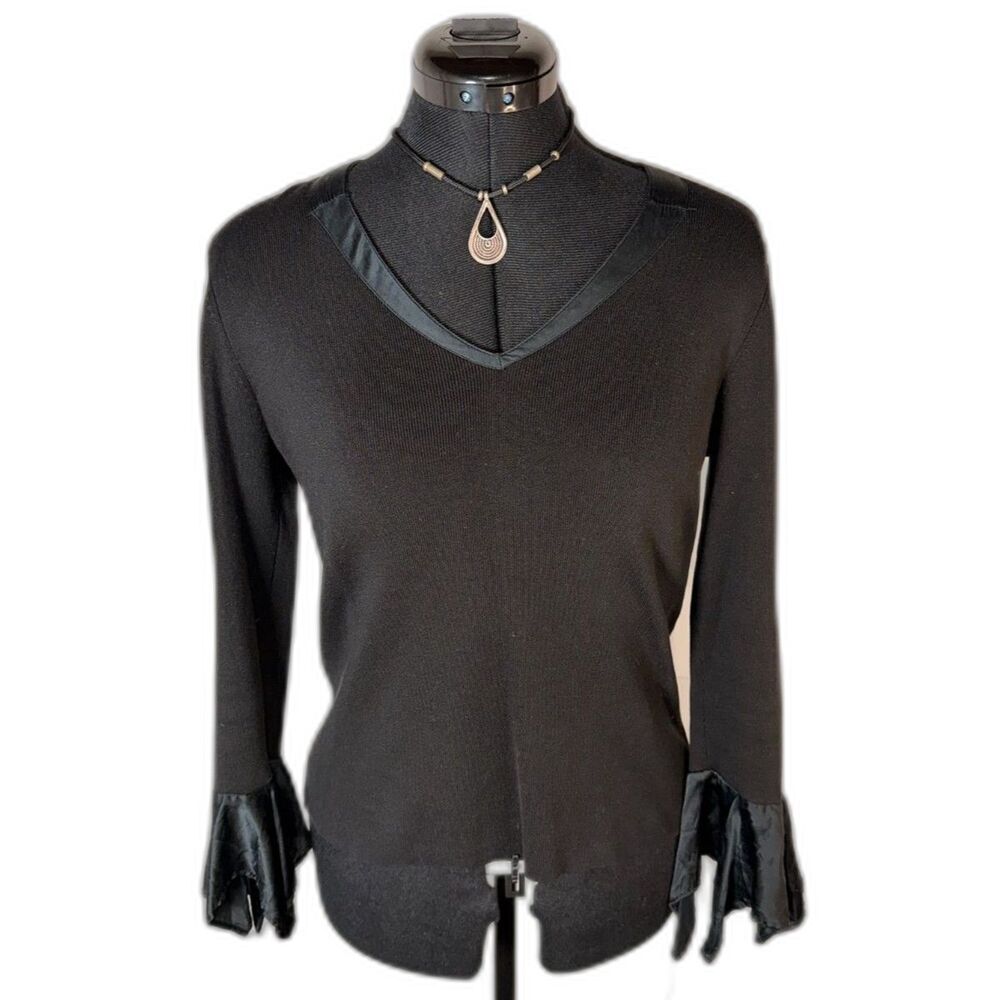 Spenser Jeremy Black V-Neck Sweater Satin Trim Flutter Cuff Sleeves